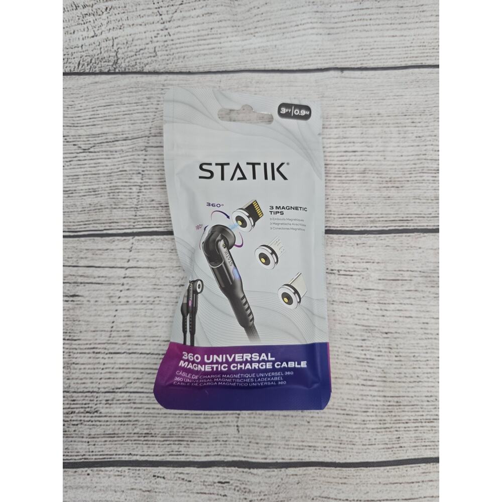 STATIK 360 Rotating Universal Magnetic Charging Cable 3ft / 0.9m w/ 3 Tips NEW
